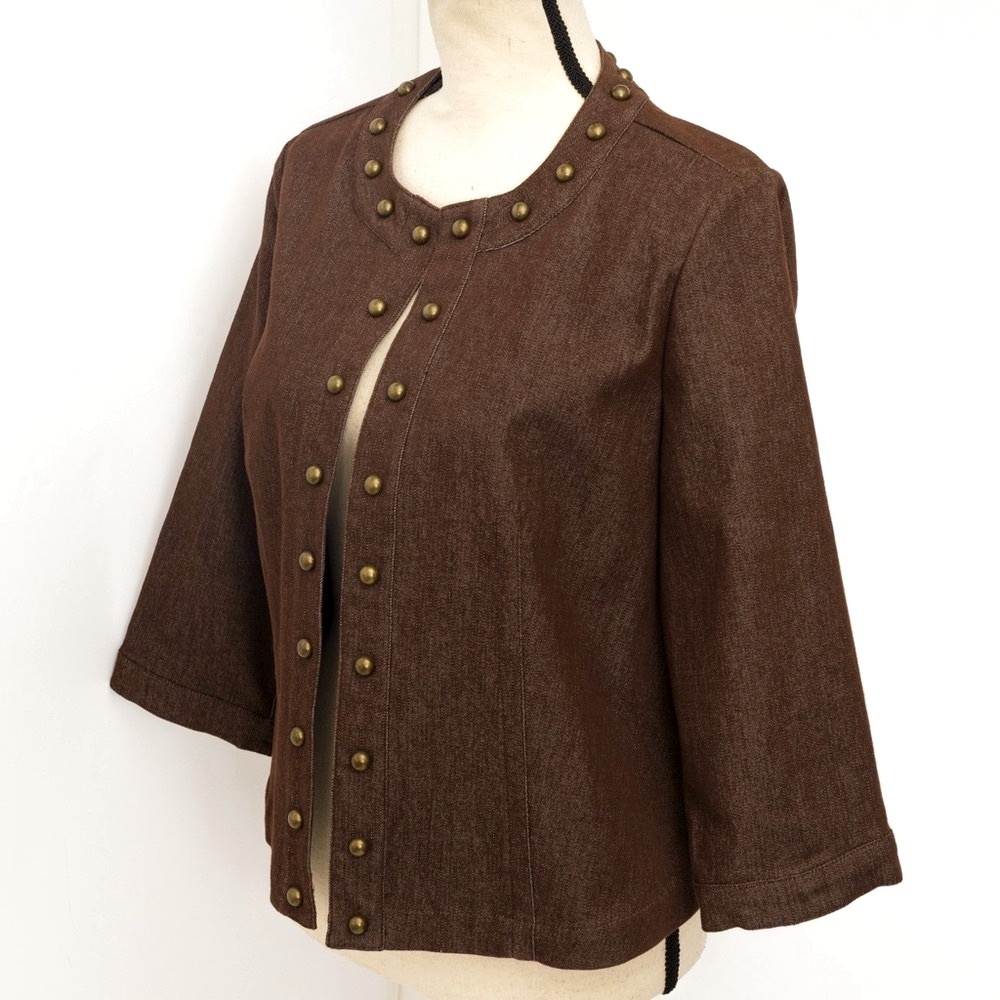 Chocolate denim jacket with antique gold studs embellished jacket NYCC M - Picture 3 of 11
